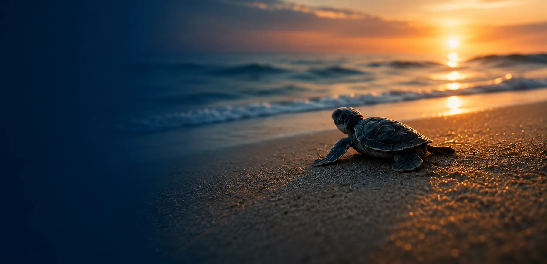 Bébé tortue en route vers la mer au coucher du soleil